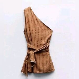 ZARA | One Shoulder Striped Beaded Dress Top Shirt Brown 100% Cotton